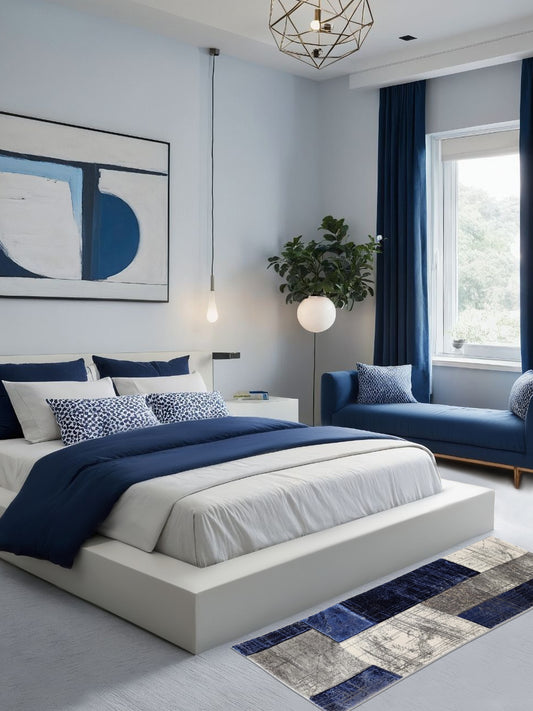 Blue Grey Abstract Block Runner – Modern Plush Textured Runner