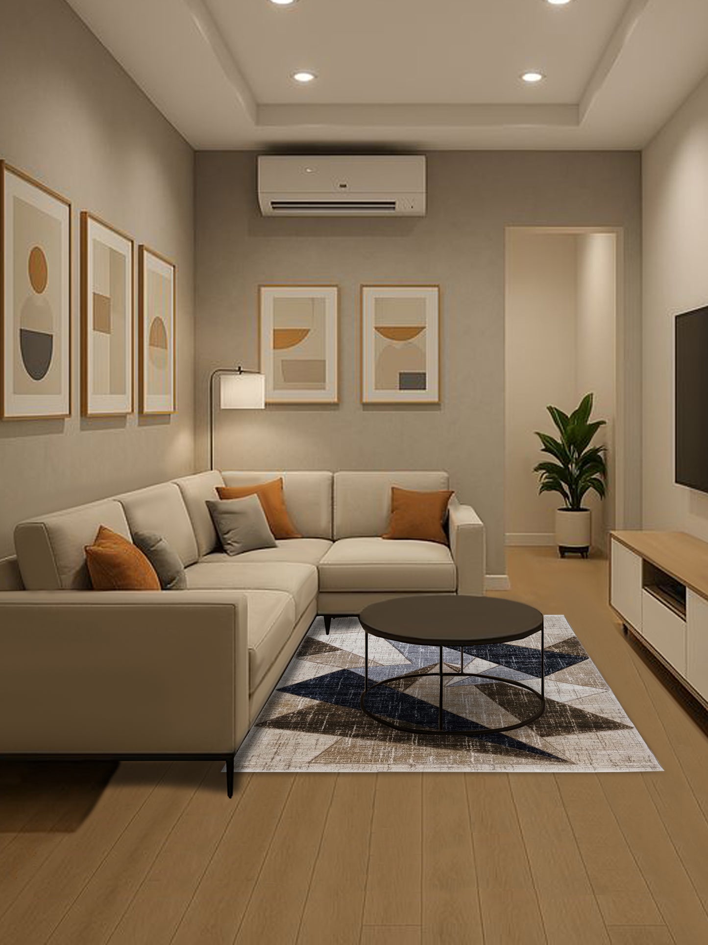 Beige, Grey & Black Geometric Carpet – Modern Abstract Polygon Pattern