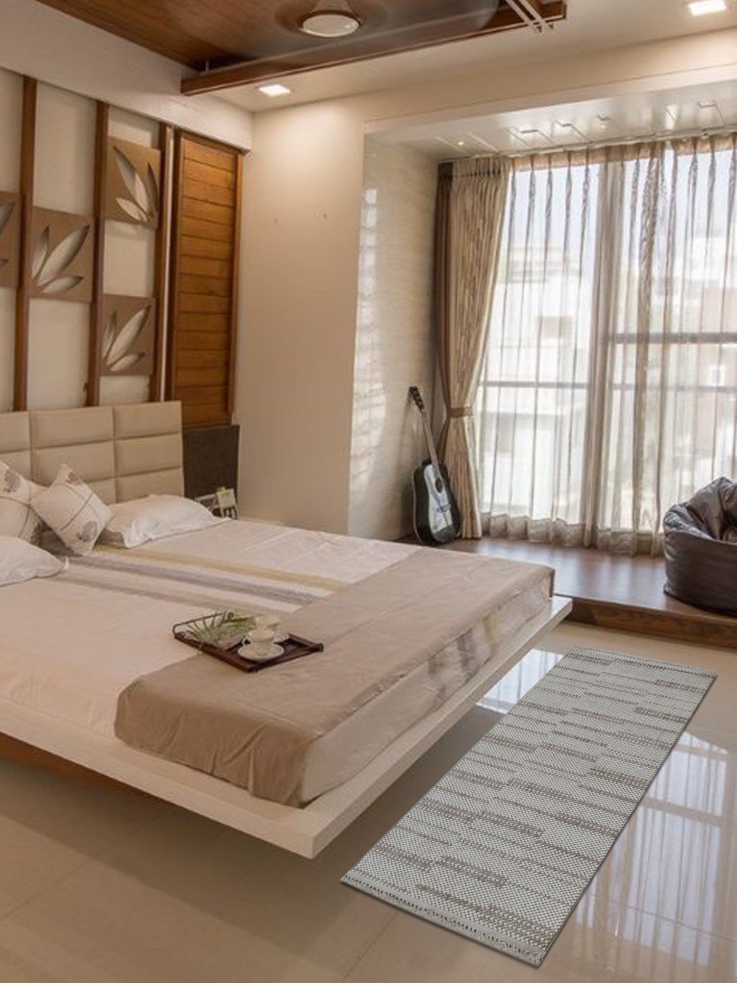 Ivory Beige Handloom Stripe-Textured Runner – Modern Minimalist Bedroom & Hallway