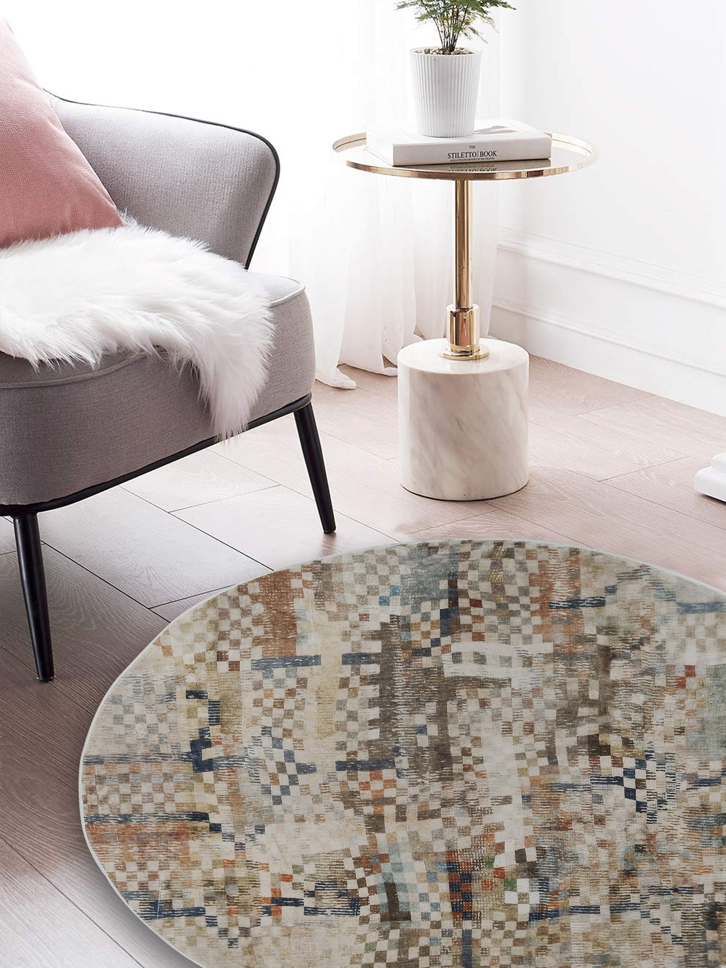 Beige Abstract Round Rug – Modern Area Carpet for Living Room & Bedroom