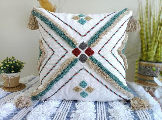 White Boho Geometric Cushion Cover – Embroidered 18x18 (Cotton)