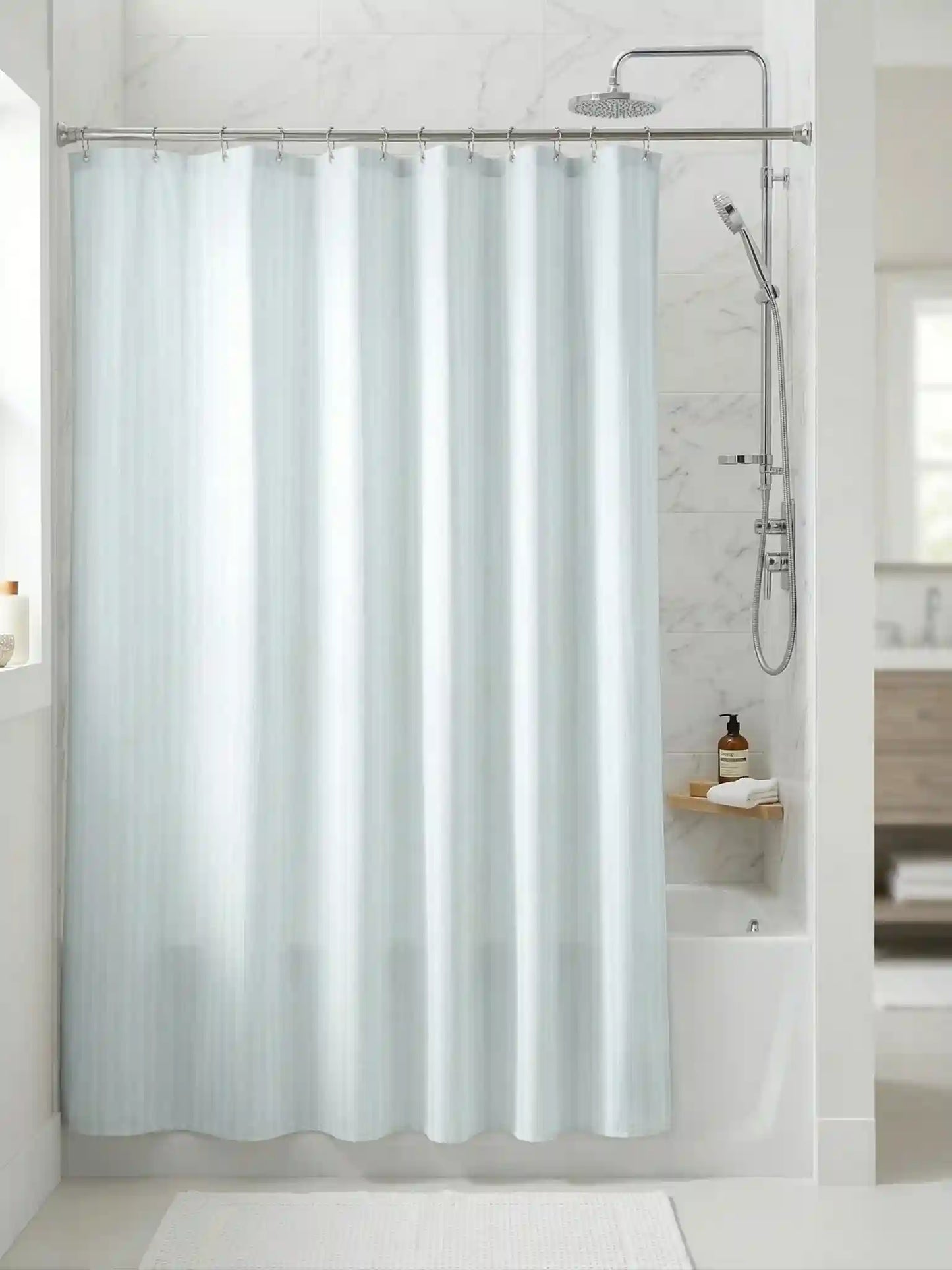 Super Living Waterproof Striped Shower Curtain with Hooks | Soft Texture Durable Bathroom Curtain | 180 x 200 CM
