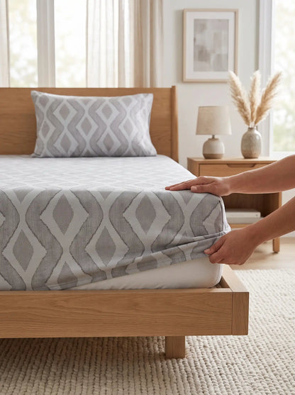 Soft Feel Taupe-Grey Geometric Cotton King Bedsheet Set