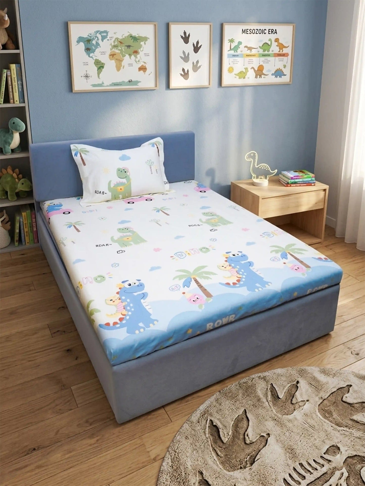 Blue Dinosaur Adventure 100% Cotton Kids Bedsheet Set