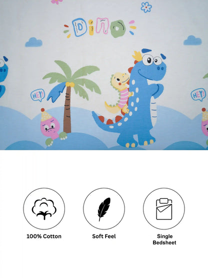Blue Dinosaur Adventure 100% Cotton Kids Bedsheet Set
