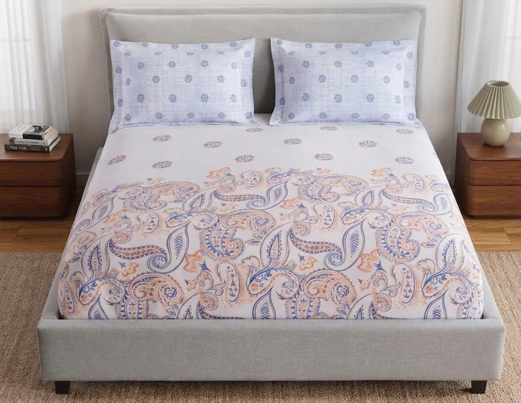 SPACES Flora 100% Cotton 144 TC Percale Bedsheet Set with 2 Pillow Covers (Orange)
