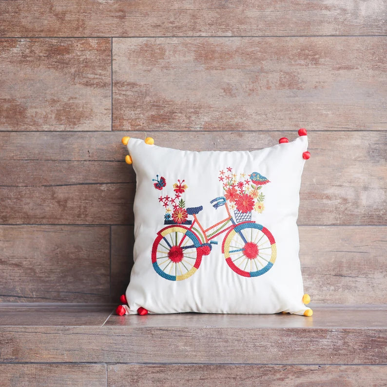 Embroidered Floral Bicycle Cushion Covers with Pom-Pom Edges Pack of 5 (16" x 16")