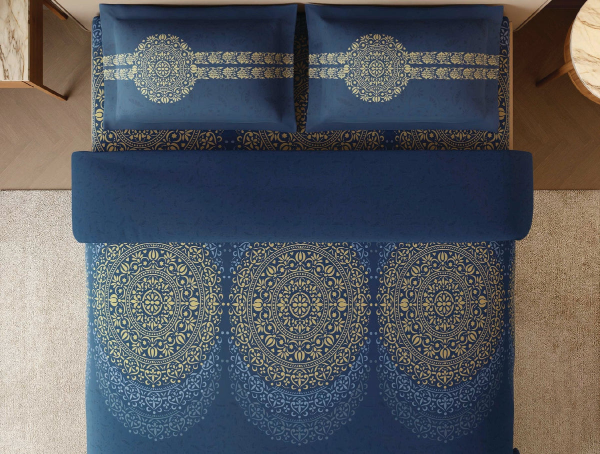 SPACES Rangana Sanjhi 100% Cotton 210 TC Large King Bedsheet with 2 Pillow Covers (108 x 108 Inches) – Dark Blue