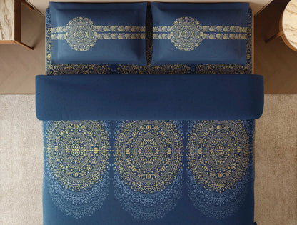SPACES Rangana Sanjhi 100% Cotton 210 TC Large King Bedsheet with 2 Pillow Covers (108 x 108 Inches) – Dark Blue