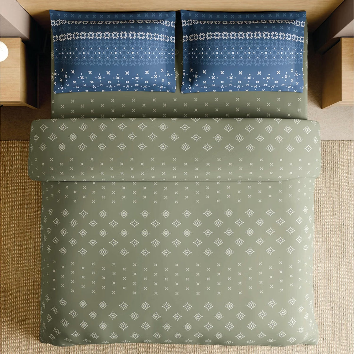SPACES Lippan 100% Cotton 210 TC Large King Bedsheet with 2 Pillow Covers (108 x 108 Inches) – Light Green