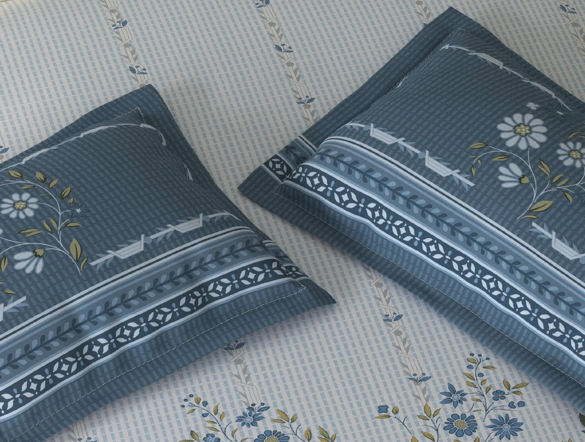 SPACES Rio Light Blue Floral 100% Cotton Double Bedsheet Set with 2 Pillow Covers