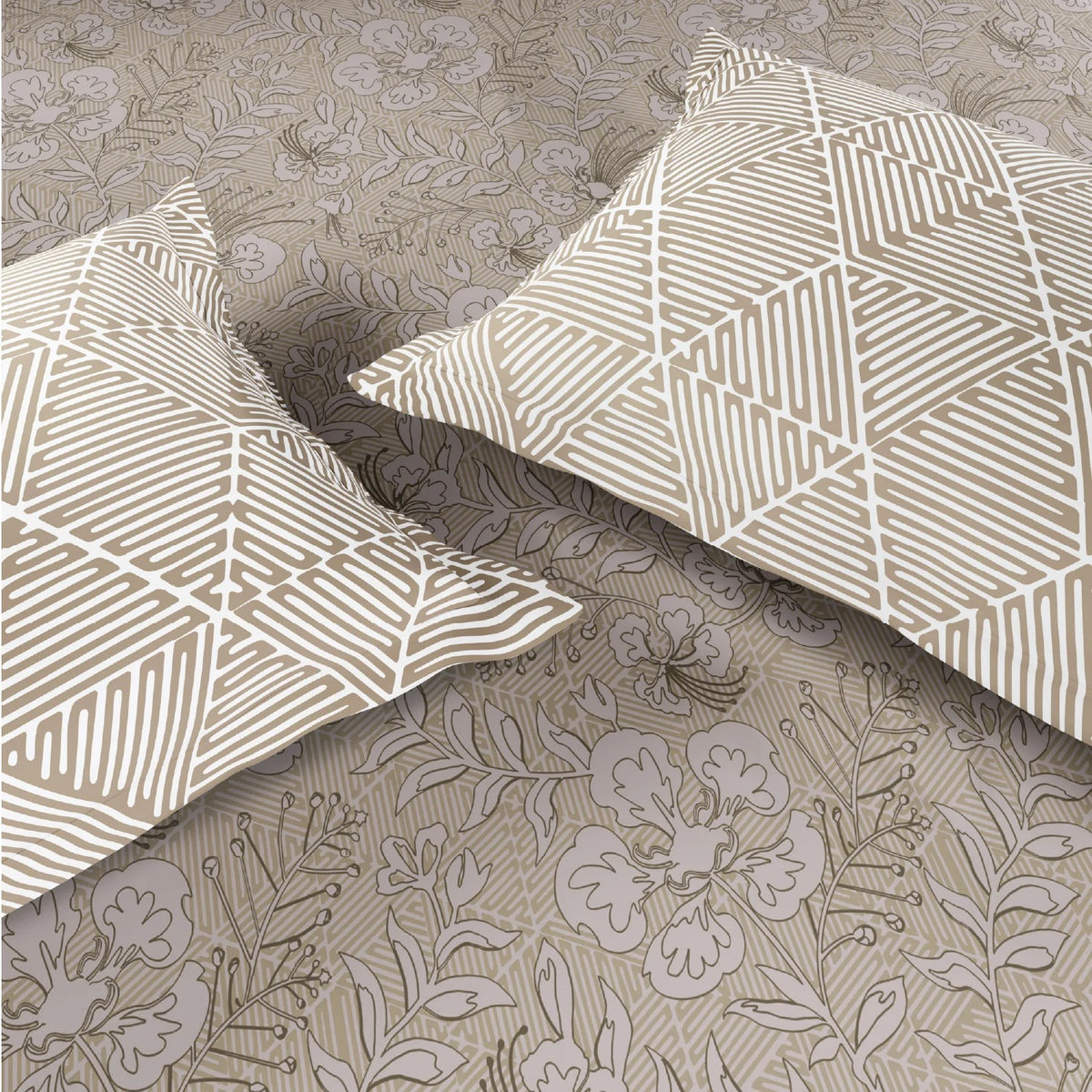 SPACES Calm Living Floral Fitted King Bedsheet Set 2 Pillow Covers (183cm x 198cm + 30cm Drop) – Beige