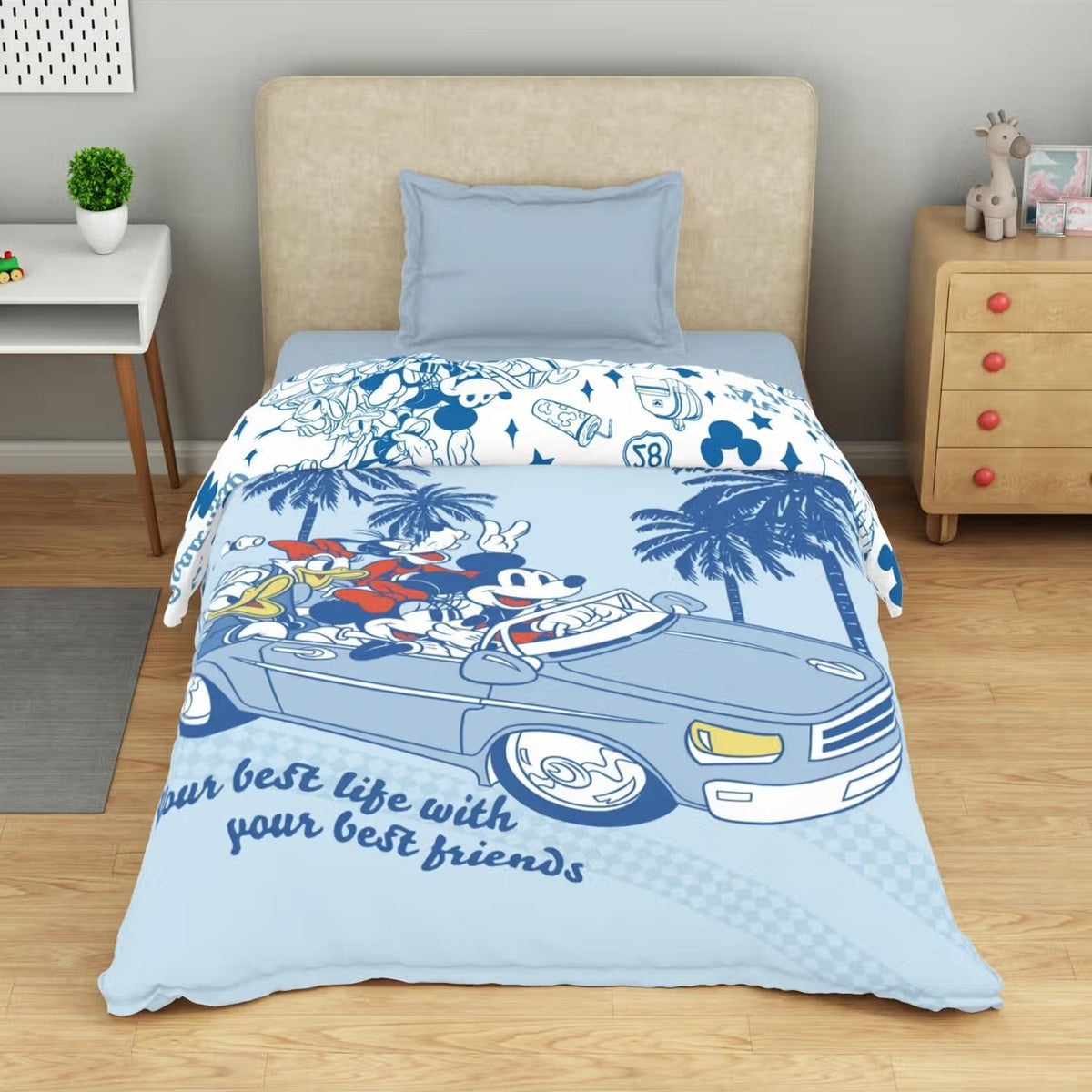 SPACES Disney Mickey & Friends 100% Cotton Kids Single Comforter (152 cm x 228 cm) – Light Blue