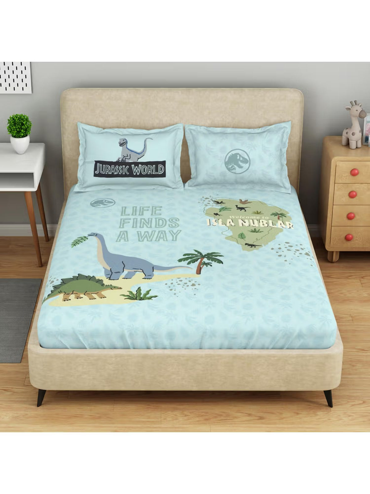 SPACES Jurassic World Character 132 TC Kids Large Bedsheet with 2 Pillow Covers - Light Blue