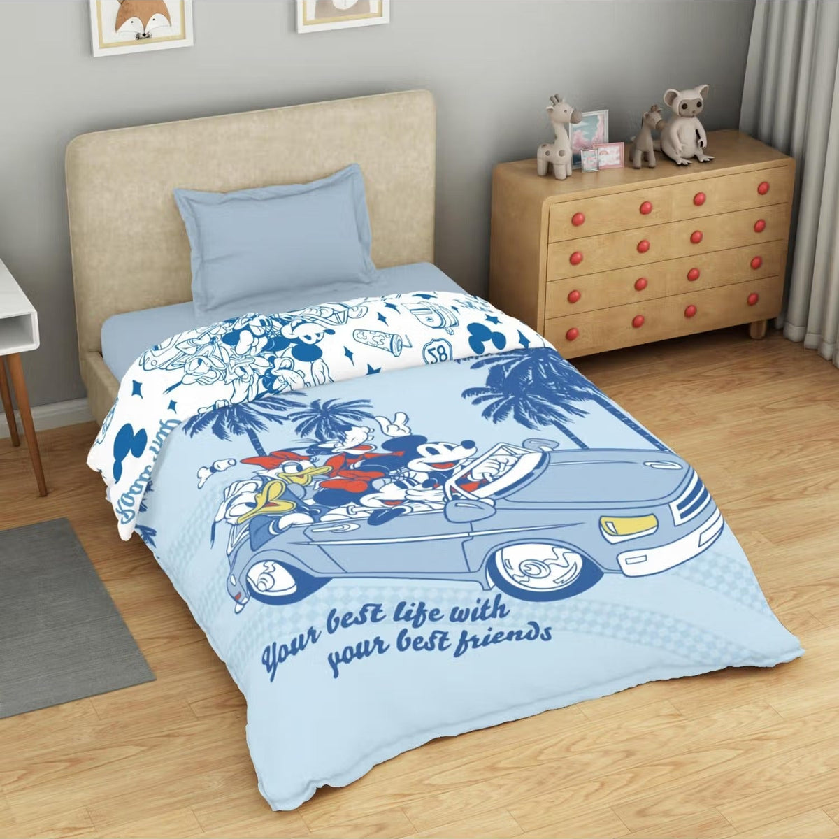 SPACES Disney Mickey & Friends 100% Cotton Kids Single Comforter (152 cm x 228 cm) – Light Blue