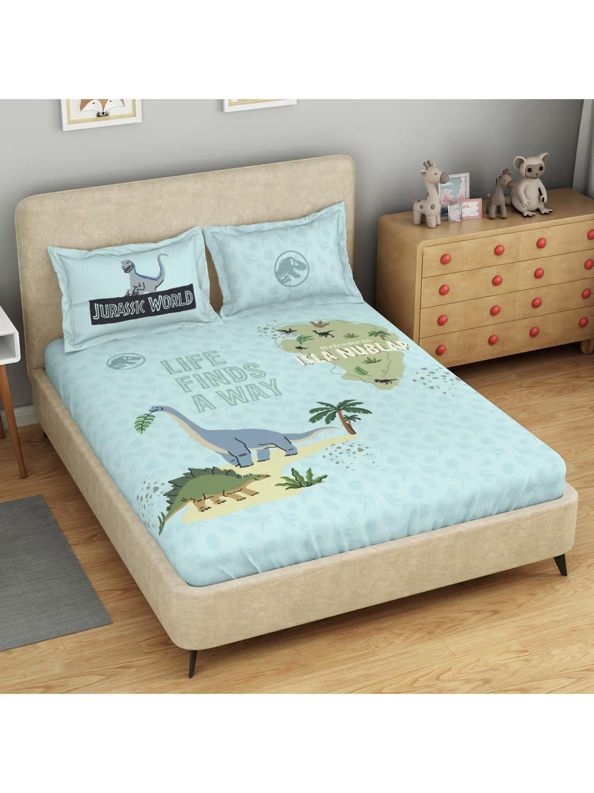 SPACES Jurassic World Character 132 TC Kids Large Bedsheet with 2 Pillow Covers - Light Blue