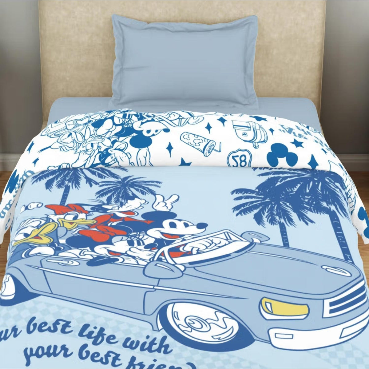 SPACES Disney Mickey & Friends 100% Cotton Kids Single Comforter (152 cm x 228 cm) – Light Blue
