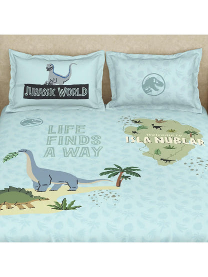 SPACES Jurassic World Character 132 TC Kids Large Bedsheet with 2 Pillow Covers - Light Blue