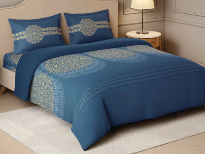 SPACES Rangana Sanjhi 100% Cotton 210 TC Large King Bedsheet with 2 Pillow Covers (108 x 108 Inches) – Dark Blue