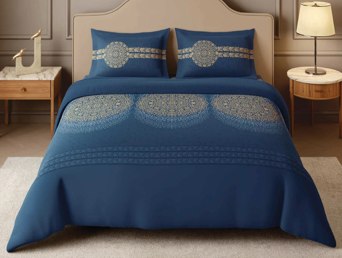 SPACES Rangana Sanjhi 100% Cotton 210 TC Large King Bedsheet with 2 Pillow Covers (108 x 108 Inches) – Dark Blue