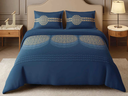 SPACES Rangana Sanjhi 100% Cotton 210 TC Large King Bedsheet with 2 Pillow Covers (108 x 108 Inches) – Dark Blue