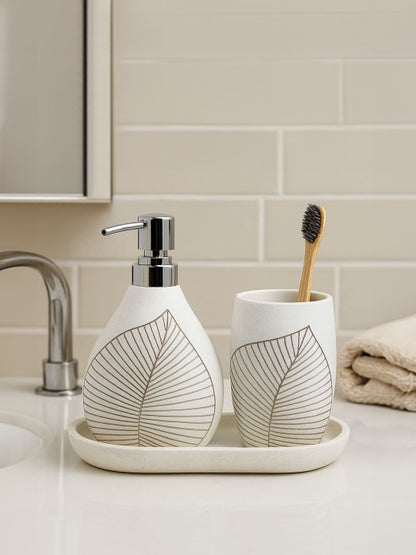 Obsessions 3-Piece Polyresin Bathroom Accessory Set – Embossed White Leaf