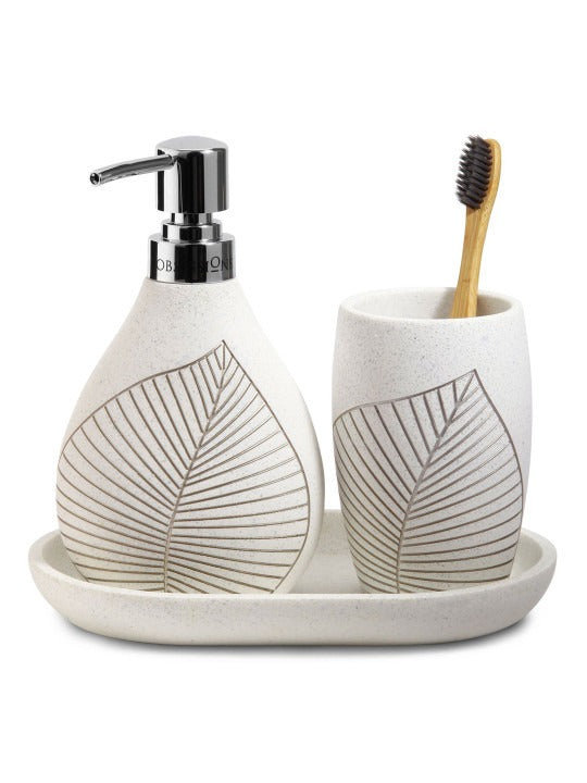 Obsessions 3-Piece Polyresin Bathroom Accessory Set – Embossed White Leaf
