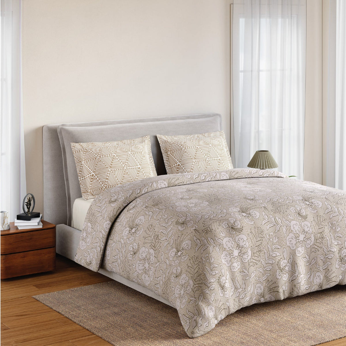 SPACES Calm Living Floral Fitted King Bedsheet Set 2 Pillow Covers (183cm x 198cm + 30cm Drop) – Beige