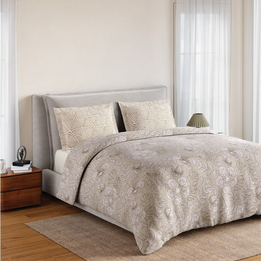 SPACES Calm Living Floral Fitted King Bedsheet Set 2 Pillow Covers (183cm x 198cm + 30cm Drop) – Beige