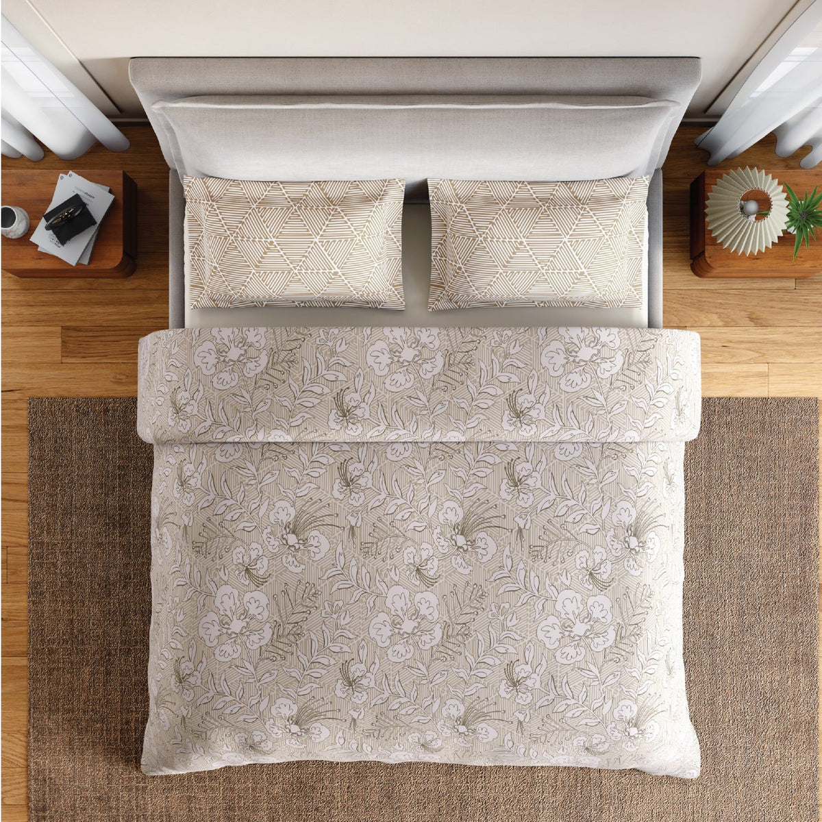 SPACES Calm Living Floral Fitted King Bedsheet Set 2 Pillow Covers (183cm x 198cm + 30cm Drop) – Beige