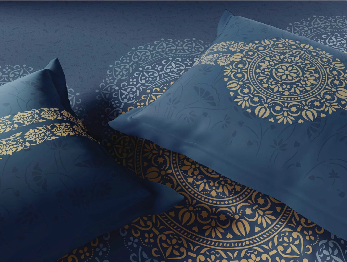 SPACES Rangana Sanjhi 100% Cotton 210 TC Large King Bedsheet with 2 Pillow Covers (108 x 108 Inches) – Dark Blue