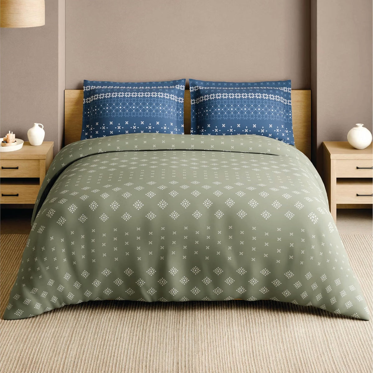 SPACES Lippan 100% Cotton 210 TC Large King Bedsheet with 2 Pillow Covers (108 x 108 Inches) – Light Green