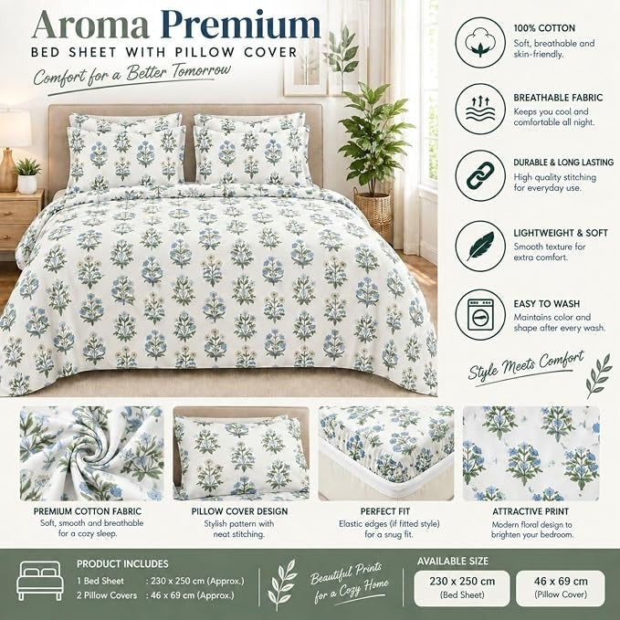 Delta Ziva Floral Double Bedsheet Set with 2 Pillow Covers (230x250 )cm .