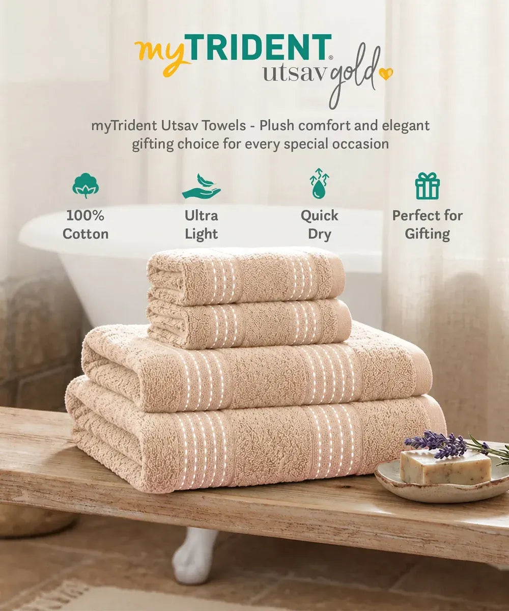 MyTrident Utsav Gold Extra Absorbent Cotton Towel Set (4 Pcs) – Lightweight Festive Gift Towel Pack