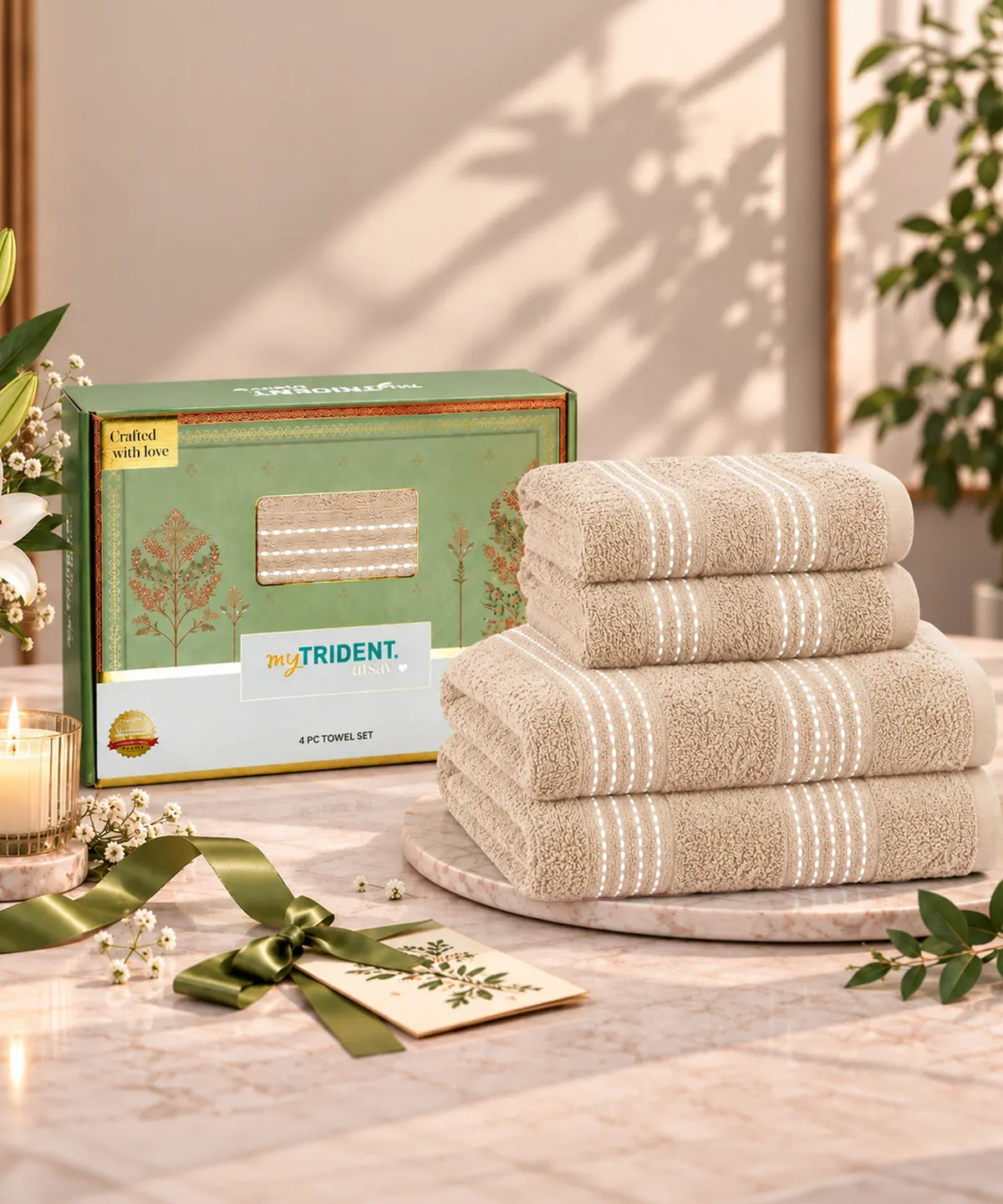 MyTrident Utsav Gold Extra Absorbent Cotton Towel Set (4 Pcs) – Lightweight Festive Gift Towel Pack