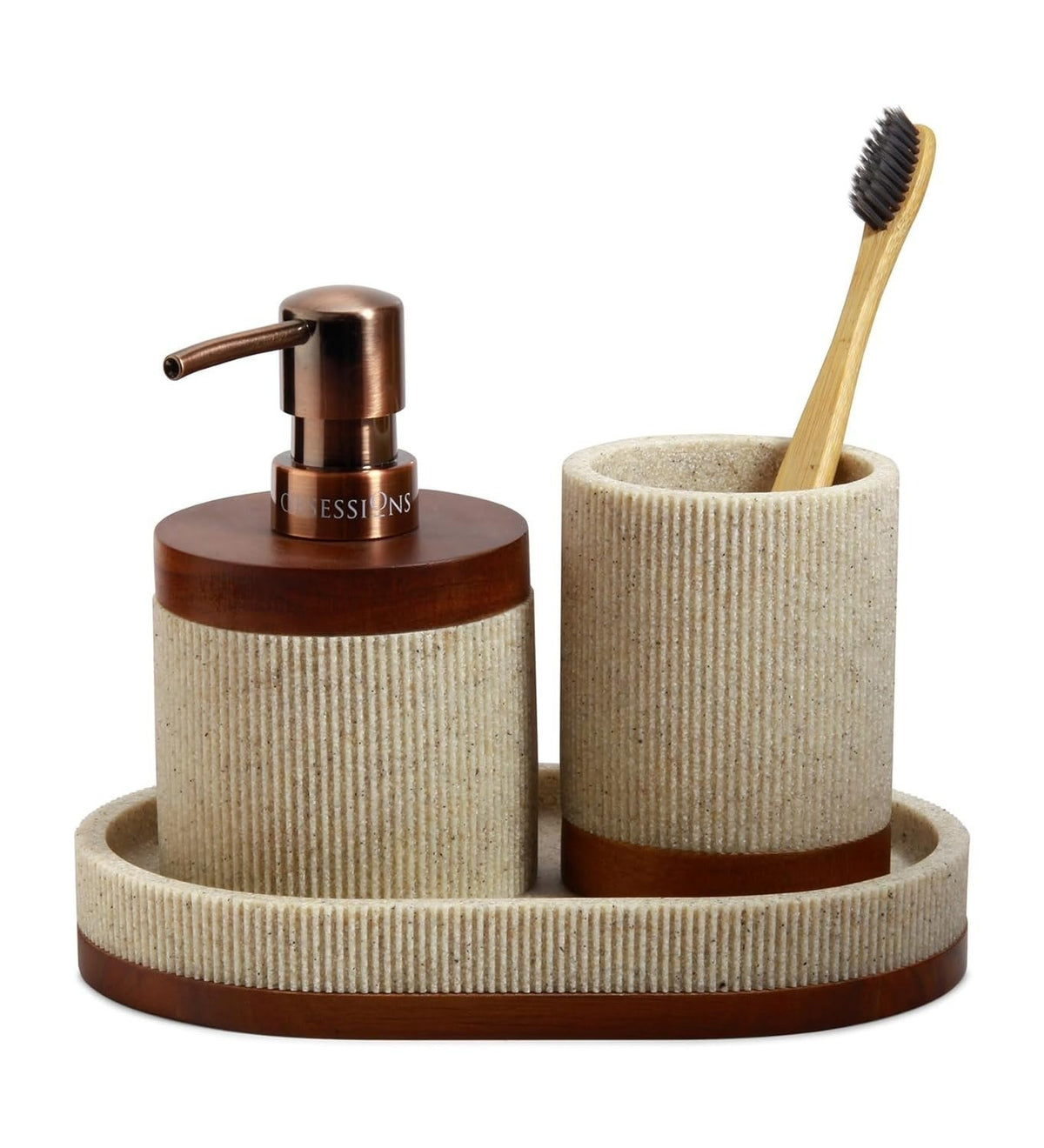 Obsessions Ribbed Stone-Effect Bathroom Set | 3-Piece Vanity Organizer