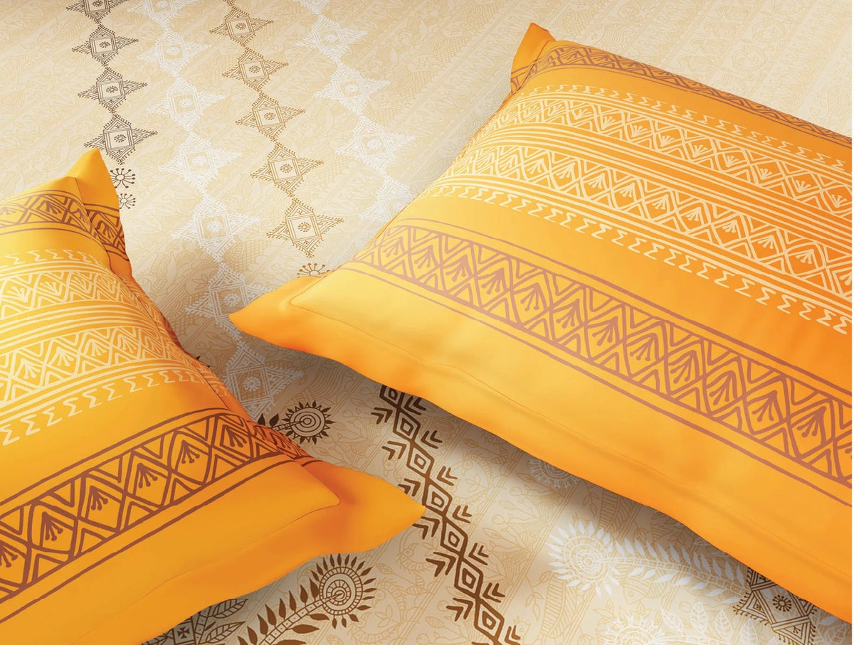 Spaces King Size Bedsheet Set | Yellow Ethnic Print | 274x274 cm