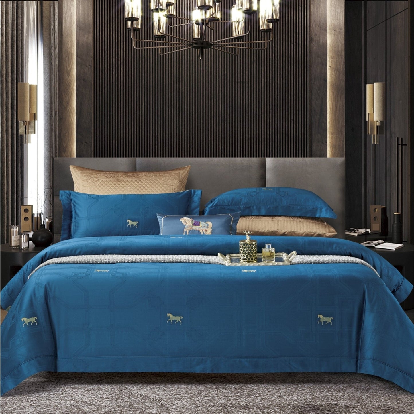 Royal Jacquard Super King Bedsheet Set with Horse Motif | 100% Egyptian Cotton