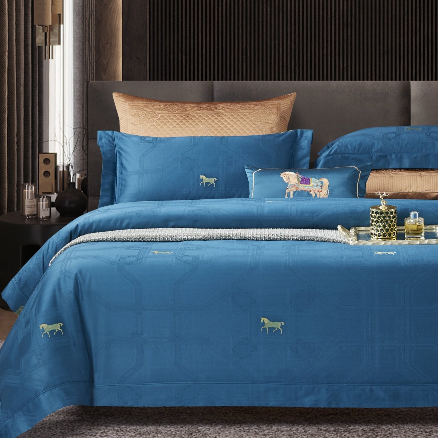 Royal Jacquard Super King Bedsheet Set with Horse Motif | 100% Egyptian Cotton