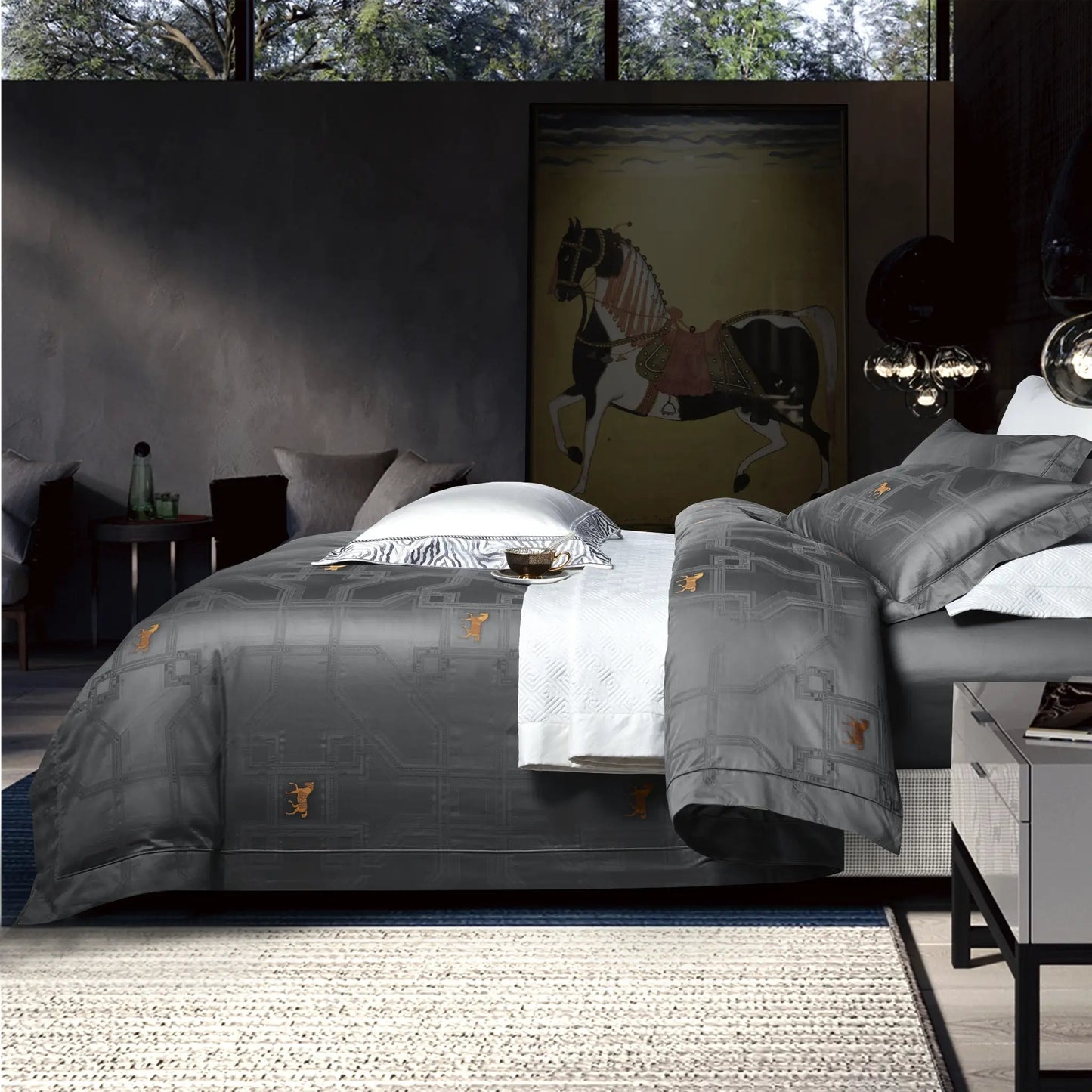 Royal Jacquard Super King Bedsheet Set with Horse Motif | 100% Egyptian Cotton