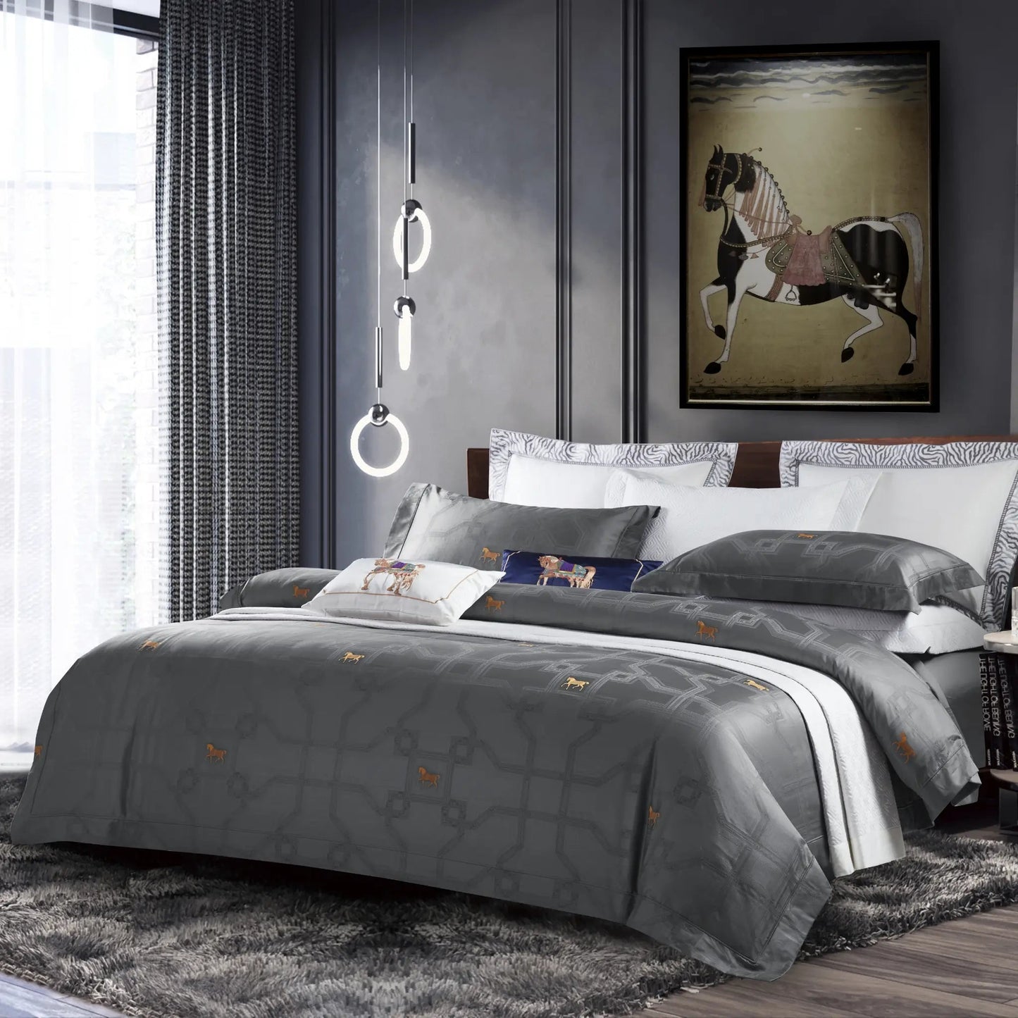 Royal Jacquard Super King Bedsheet Set with Horse Motif | 100% Egyptian Cotton
