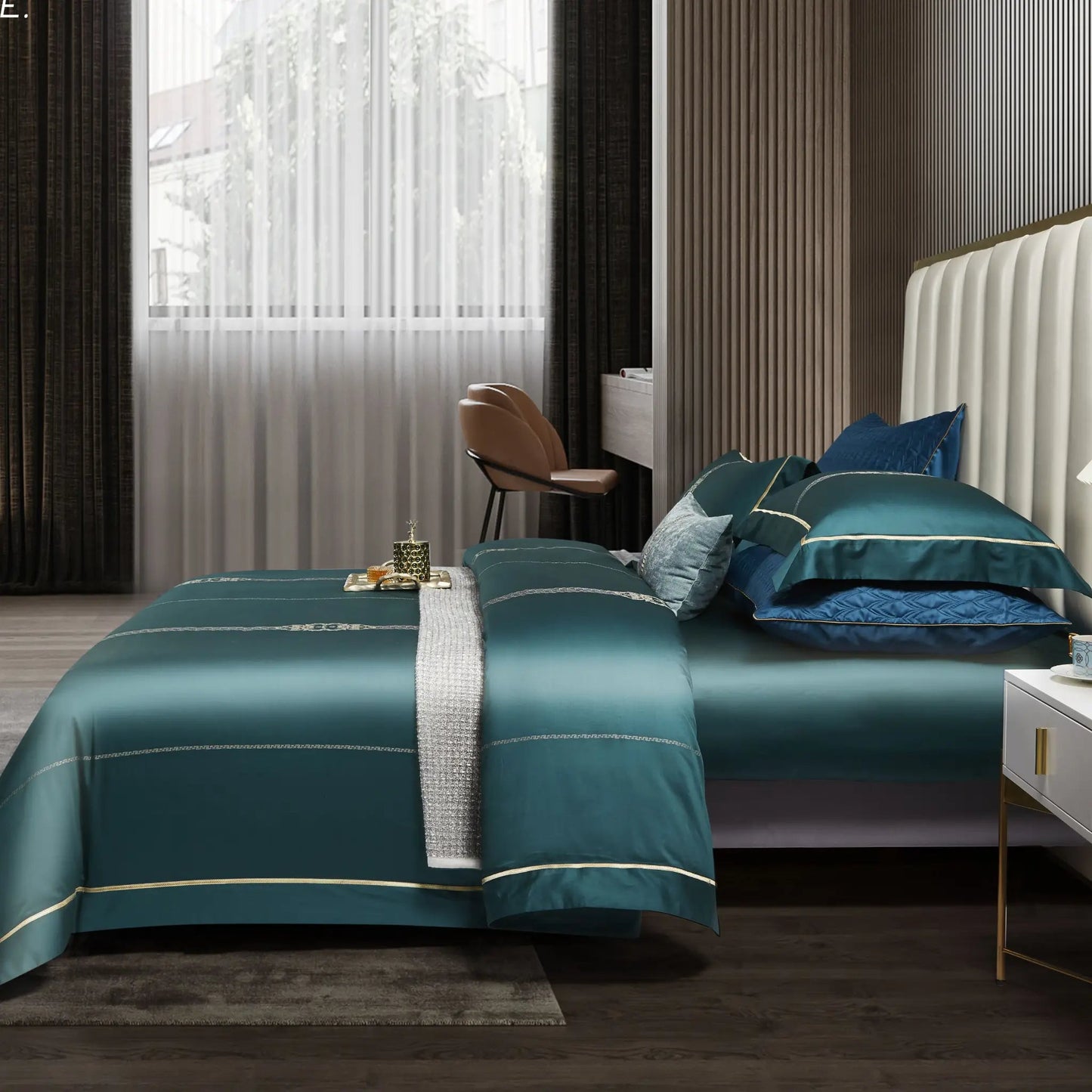 Turquoise Jacquard Super King Bedsheet Set with Gold Embroidery – 800 TC Egyptian Cotton