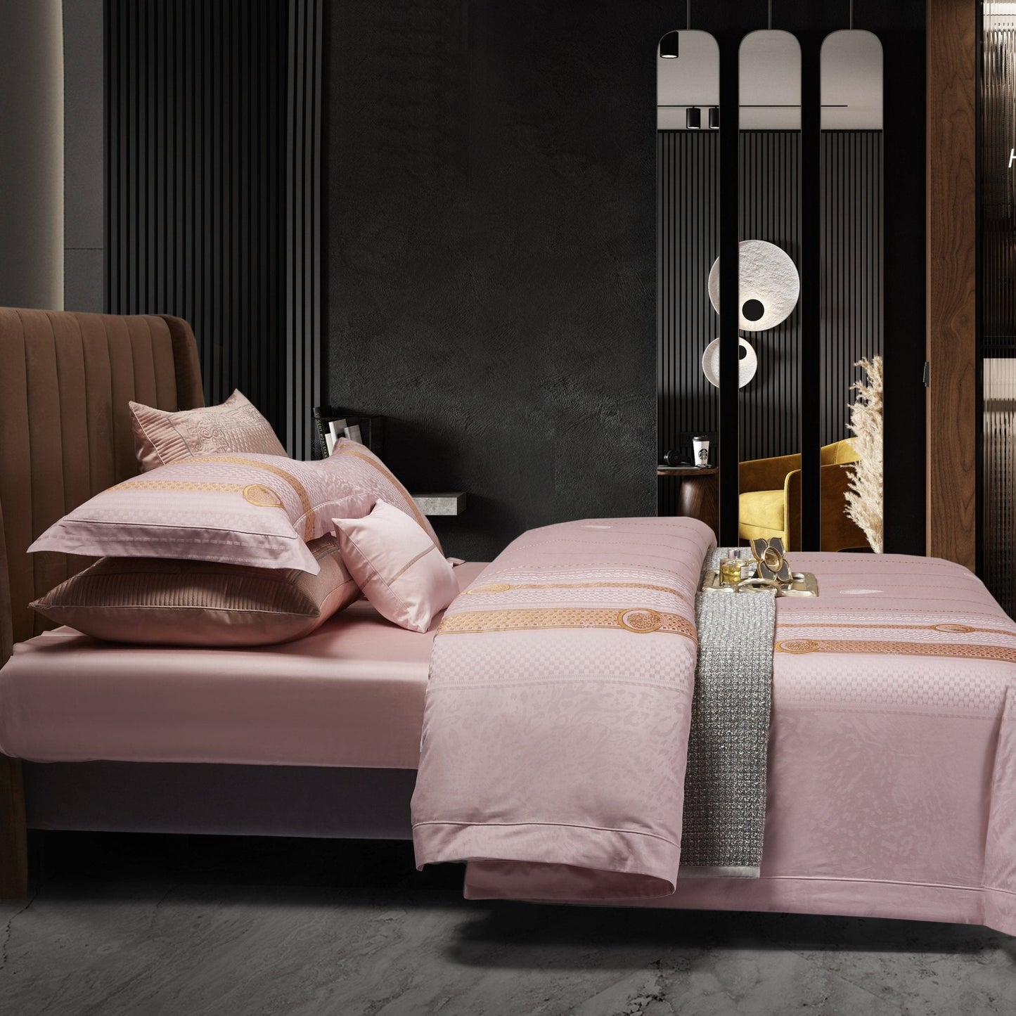 Blush Pink Jacquard Super King Bedsheet Set with Gold Detailing | 100% Egyptian Cotton