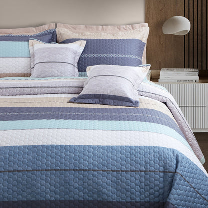 Blue & Beige Striped King Size 5 Piece Quilted Bedcover Set (100% Cotton)