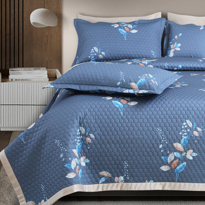 Botanical Serenity Blue Quilted Bedcover Set – 5-Piece King Size (100% Cotton)