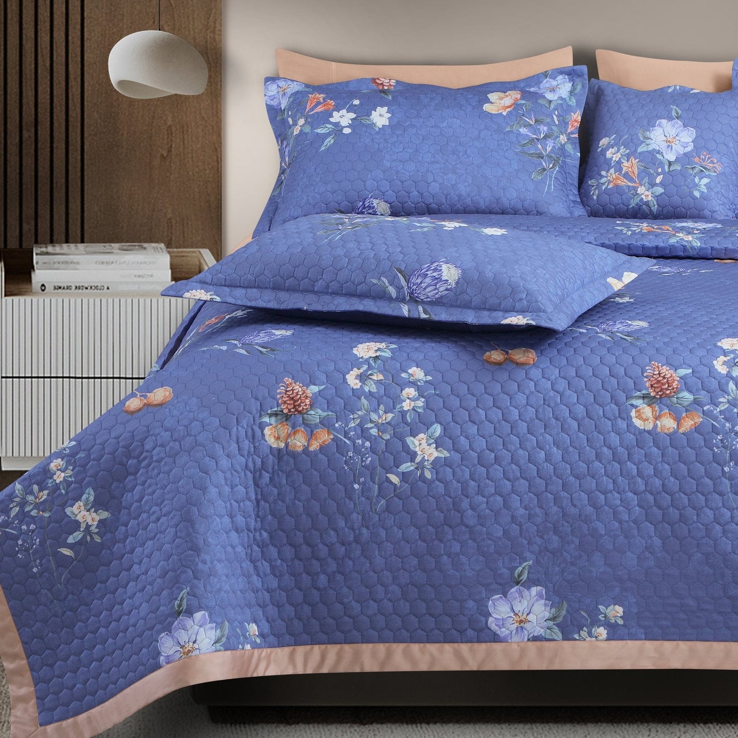 Blue Botanical 100% Cotton Quilted Bedcover Set – 5-Piece King Size