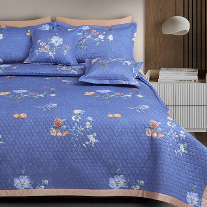 Blue Botanical 100% Cotton Quilted Bedcover Set – 5-Piece King Size