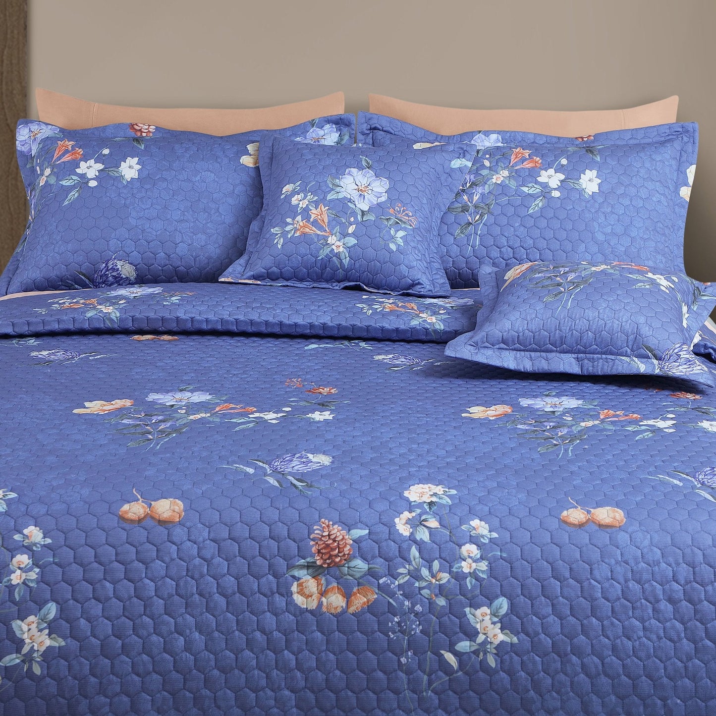 Blue Botanical 100% Cotton Quilted Bedcover Set – 5-Piece King Size