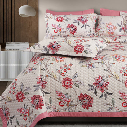 Floral Beige & Pink 100% Cotton Quilted Bedcover Set – King Size 5-Piece