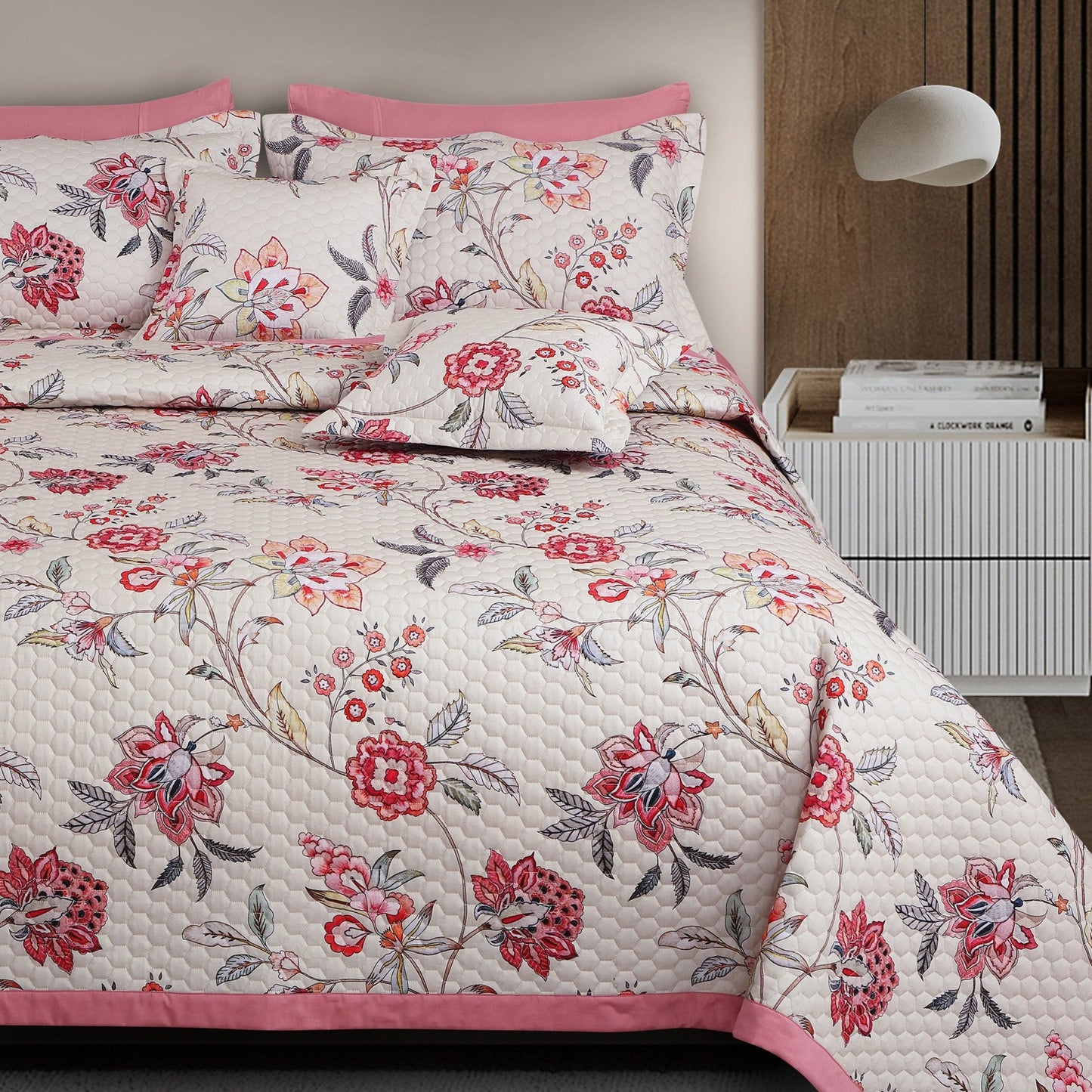 Floral Beige & Pink 100% Cotton Quilted Bedcover Set – King Size 5-Piece
